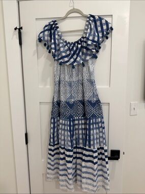 Lula Soul Blue White Boho Maxi Dress Tassel Ruffle Cotton Size S Anthropologie